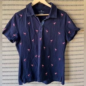 Talbots Dark Blue Polo with Pink Flamingo Embroidery